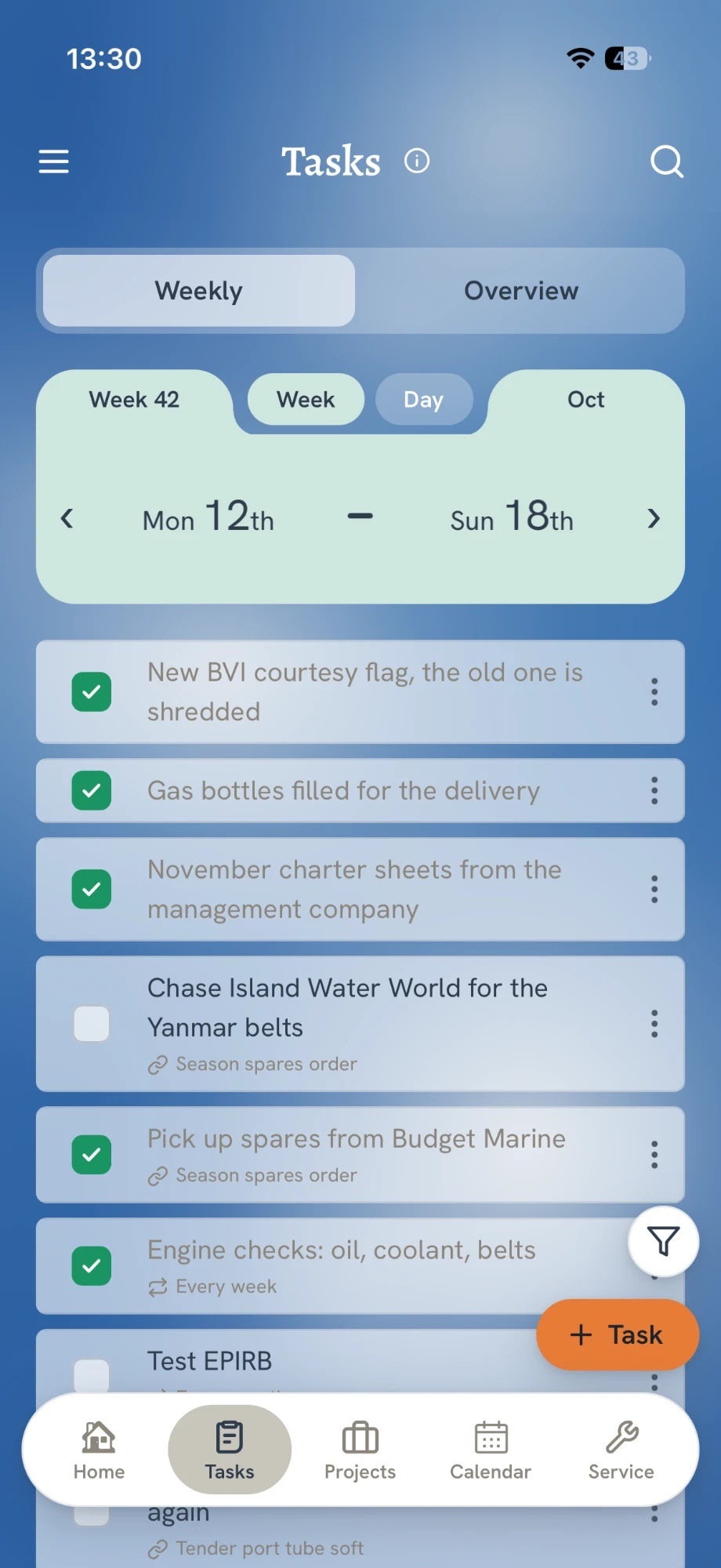 The Tasks screen in the app: a weekly view with the week picker, a list of tasks with checkboxes and repeat labels, and filter and add-task buttons