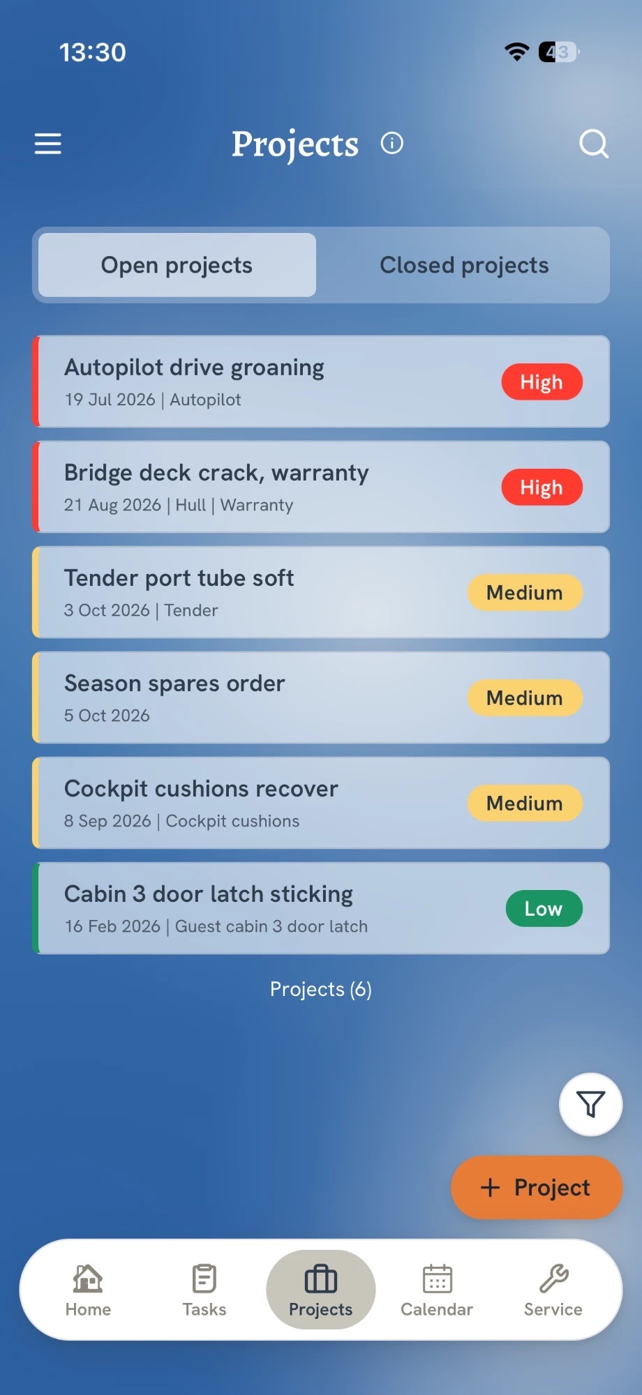 The Projects screen in the app: open and closed project tabs, with each project's date, category and a colour-coded priority, and an add-project button
